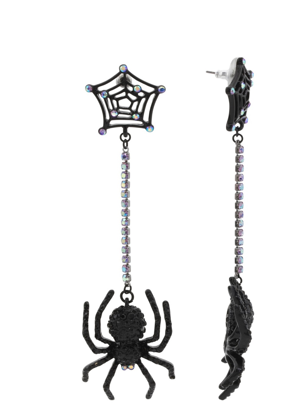 Betsey Johnson Black Spider Web Drop Earrings with Iridescent Rhinestones
